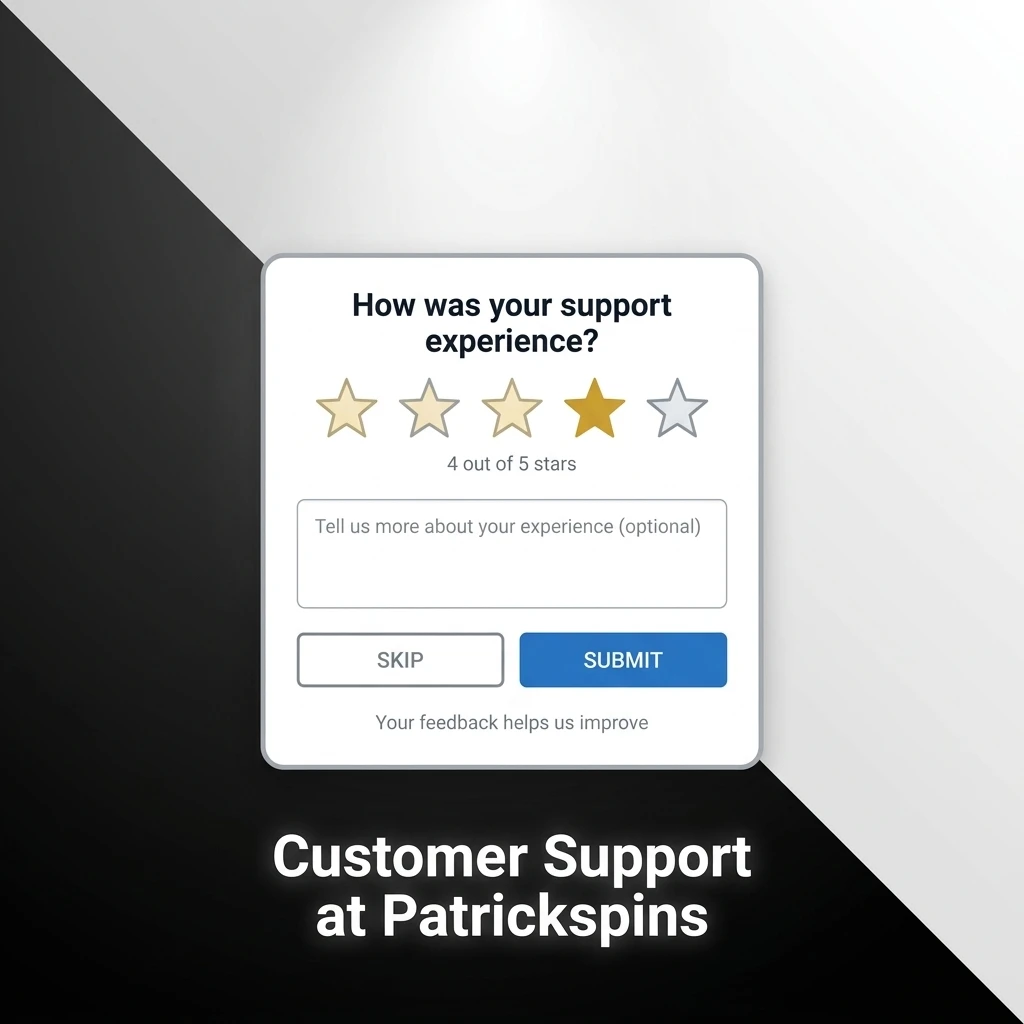 Patrickspins customer support channels including 24/7 live chat, email, and FAQ section for account and payment queries