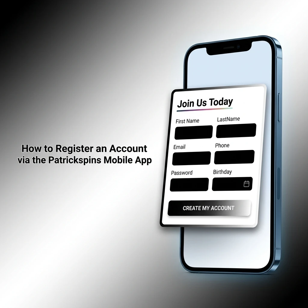 Patrickspins mobile app account registration steps showing email, personal details, and email verification process