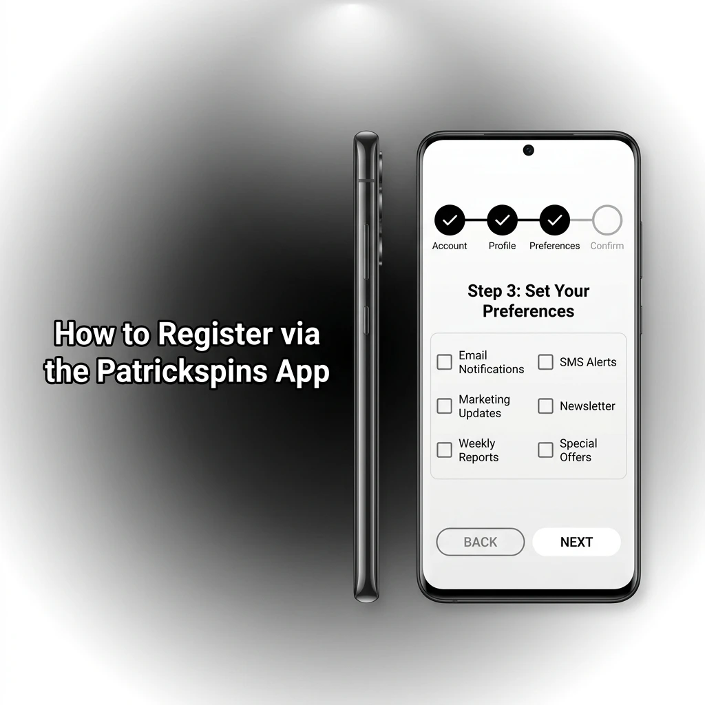 Patrickspins app registration steps showing sign-up form with personal details, address fields, and email verification process