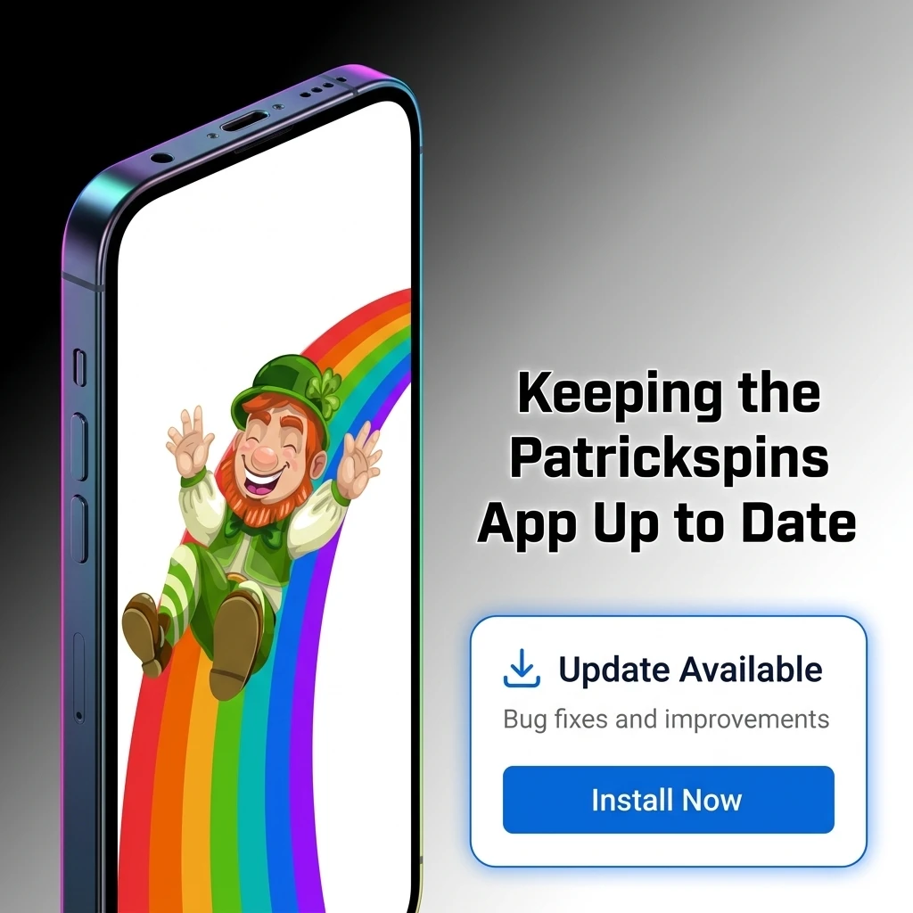 Android and iOS update guide for Patrickspins app, showing APK download and PWA auto-update instructions
