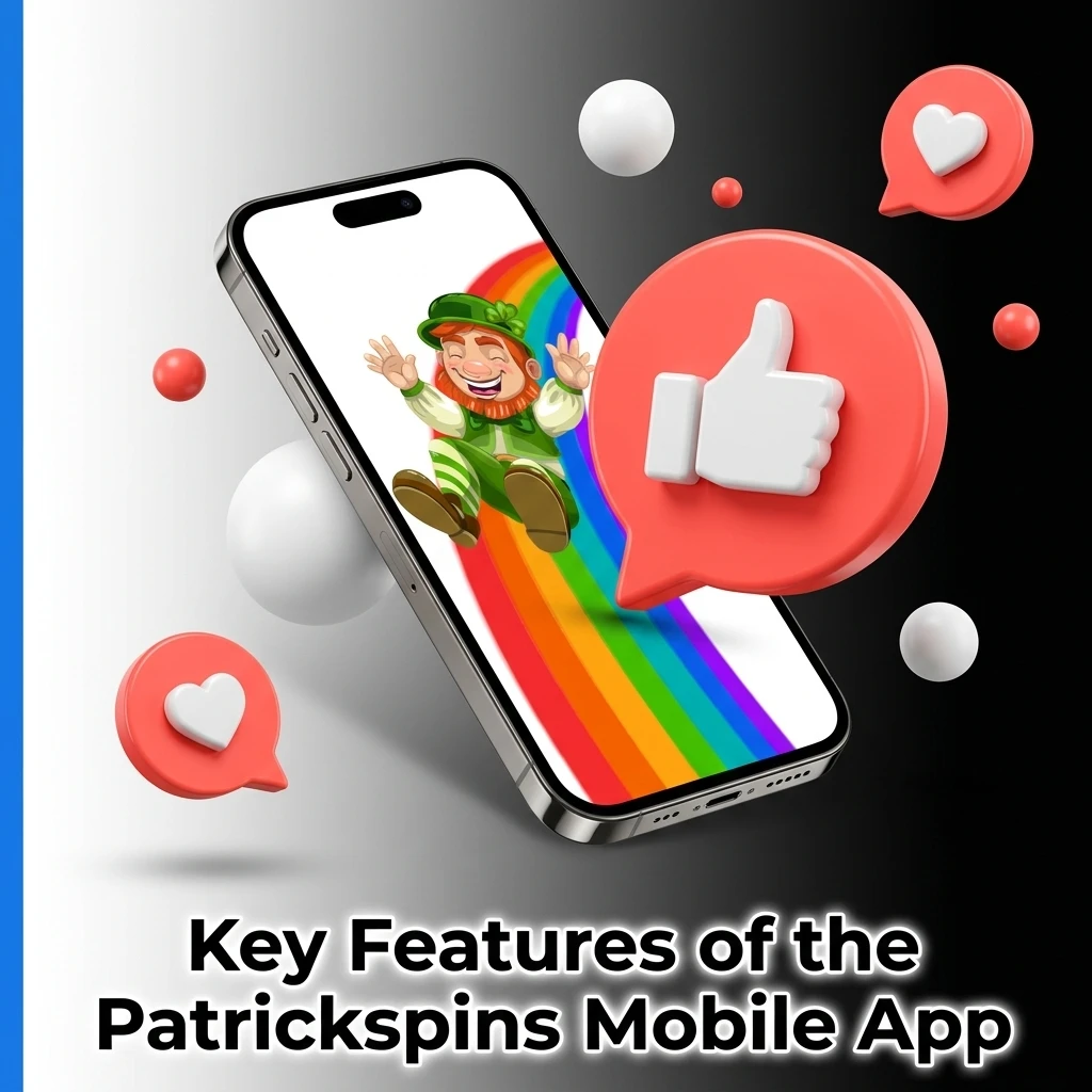 Patrickspins mobile app key features including PWA install, bonuses, game library, sportsbook, and 24/7 support