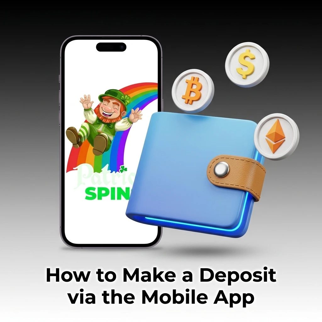 Patrickspins mobile app deposit guide showing steps to fund account via VISA, Mastercard or USDT ERC20
