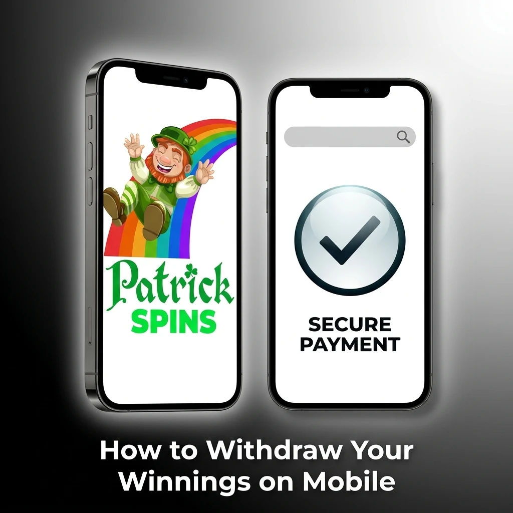 Patrickspins mobile withdrawal steps showing account dashboard, method selection, amount entry and request submission