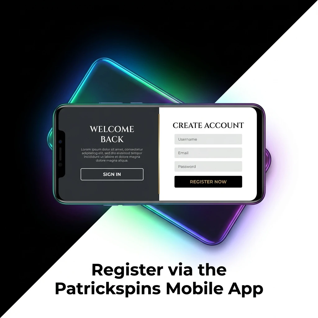 Patrickspins mobile app registration screen showing sign-up options on iOS and Android devices